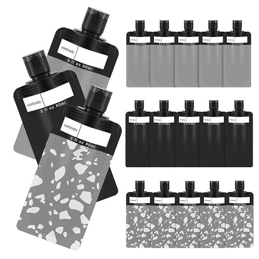 ANNGO 18 Pack Travel Pouches for Toiletries, TSA Approved 3oz Travel Size Containers, Leak Proof, Black