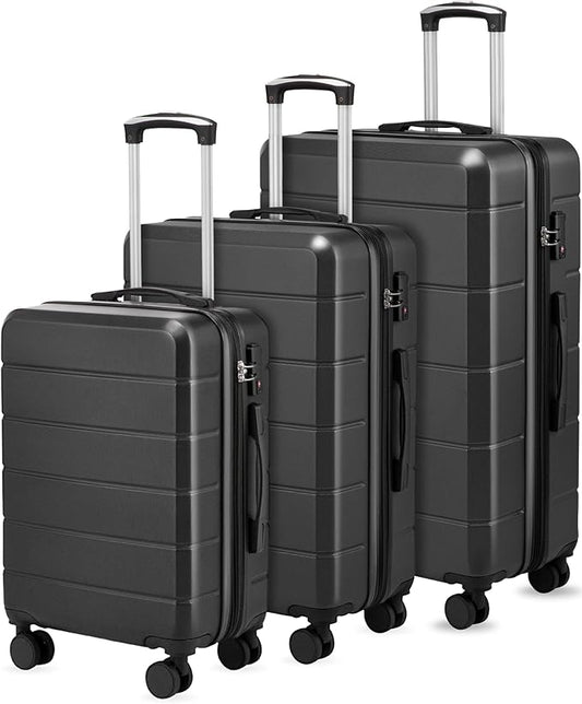 YOETEY Luggage Sets 3 Piece, Expandable Hardside Suitcases with Wheels, Black