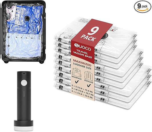 Travel Vacuum Bags for Clothing with Rechargeable Electric Pump, 9 Pack Compression Packing Cubes Organizer Storage for Lu...