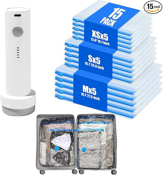 MUIMUICHU Vacuum Storage Bags for Travel - 15 Pack Compression Packing with Wireless Electric Pump for Luggage Vacuum Seal...