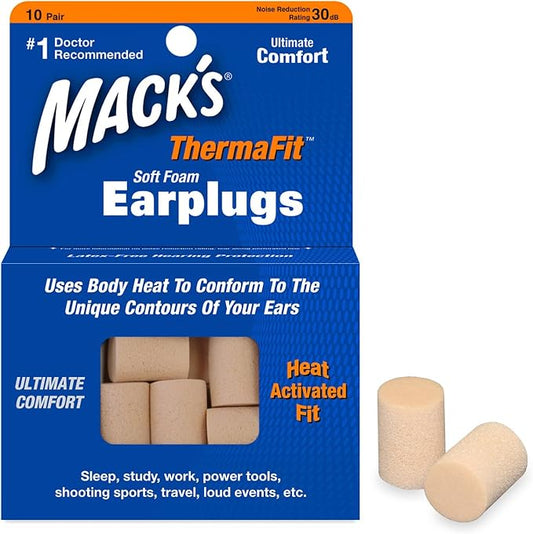 Mack’s ThermaFit Soft Foam Earplugs, 10 Pair - Comfortable Ear Plugs for Sleeping, Snoring, Work, Travel & Loud Events | M...