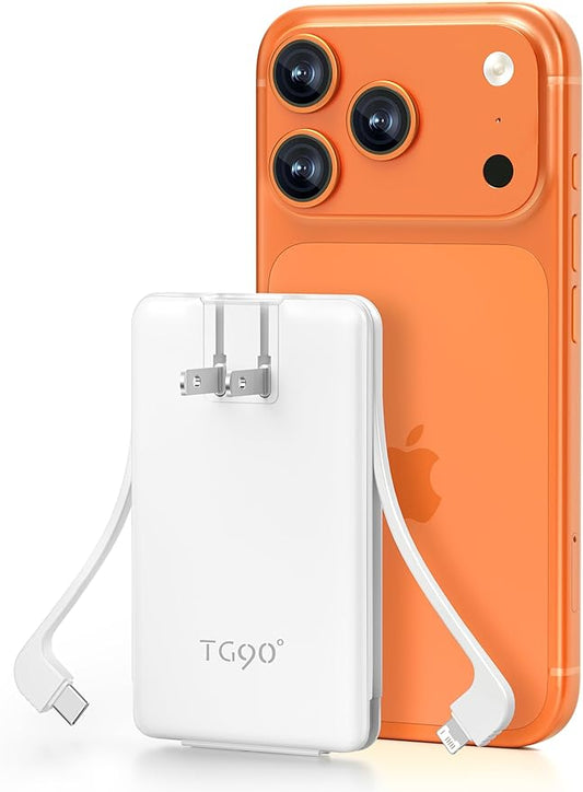TG90° 5000mAh Small Portable Charger Built in AC Wall Plug and Cables, Card Size Power Bank with USB C Cords for Phones, 3...