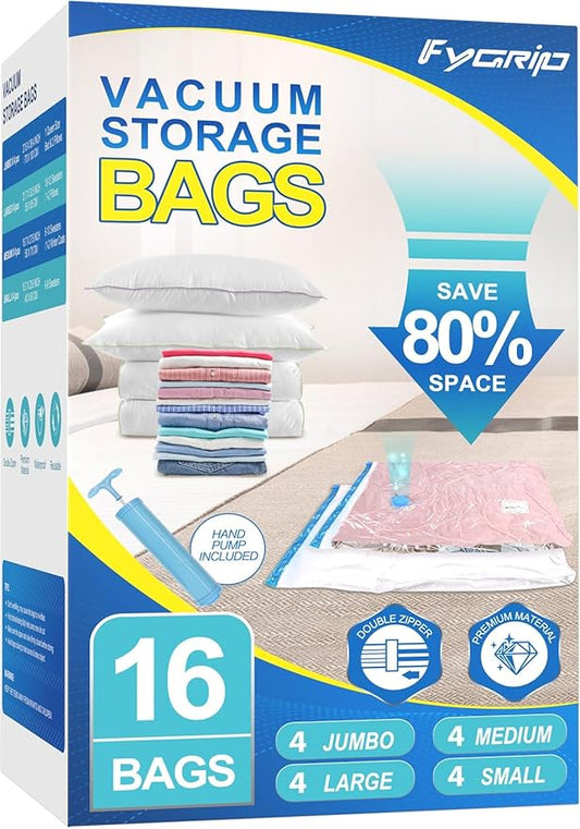 Fygrip 16 Pack Vacuum Storage Bags with Hand Pump, 4 Jumbo + 4 Large + 4 Medium + 4 Small Plastic Packaging Bags, 80% Spac...
