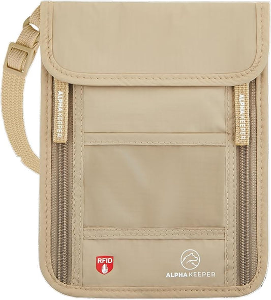 Alpha Keeper Neck Wallet, Travel Pouch For Passport Holder And Documents, RFID Blocking, Beige, Unisex Adult, Travelers, A...