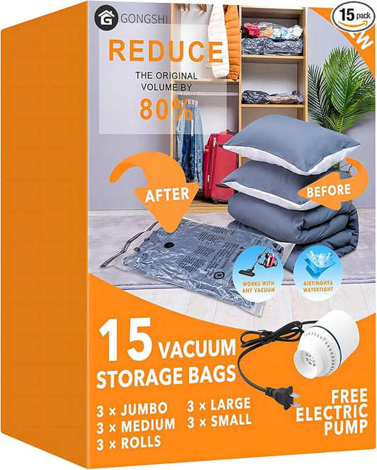 15 Pack Vacuum Storage Bags with Electric Pump (3 Jumbo, 3 Large, 3 Medium, 3 Small, 3 Roll Up), Plastic Packaging Bags,Sp...