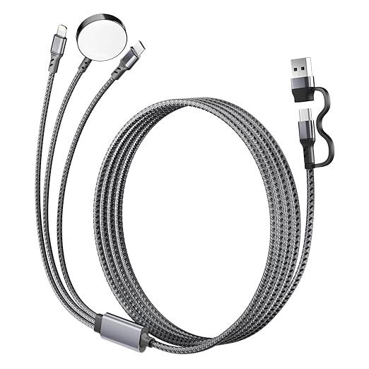 3-in-1 USB C Travel Charging Cable for Apple Watch, iPhone, Lightning Devices, Multi Device Charger Cord for Office, Camping