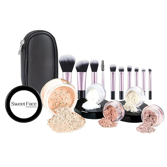 16pc Beginner Mineral Makeup STARTER KIT with 10 BRUSHES(5gm)Sample Size Foundation, Primer, Blush, Bronzer, Setting Powde...
