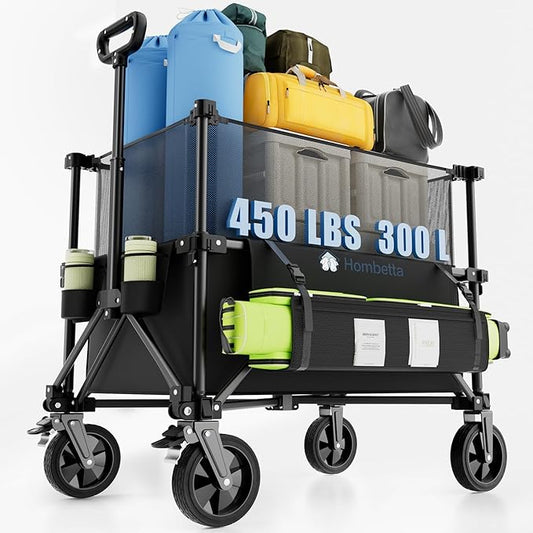 Folding Wagon Cart Foldable with Wheels, Adjustable Decker 150L-300L Capacity, All-Terrain Wheels & Brake, 450LBS Heavy Du...
