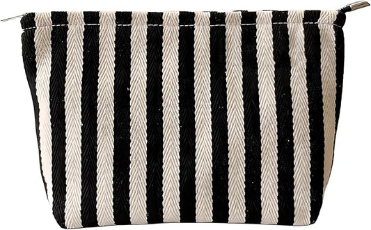 Makeup Bag for Women, Striped Makeup Bag, Travel Makeup Pouch for Purse, Canvas Cosmetic Bag with Zipper lining , Small Tr...