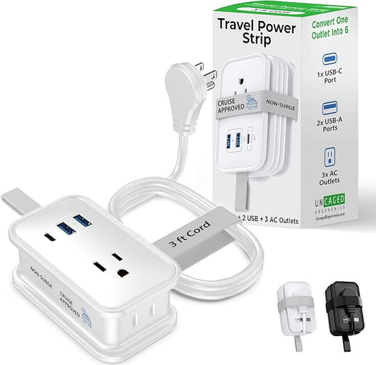 Travel Charger for Multiple Devices, Flat Plug Power Strip 3ft Adapter Extension Cord, 3 AC Outlets, 2 USB & 1 Fast Chargi...