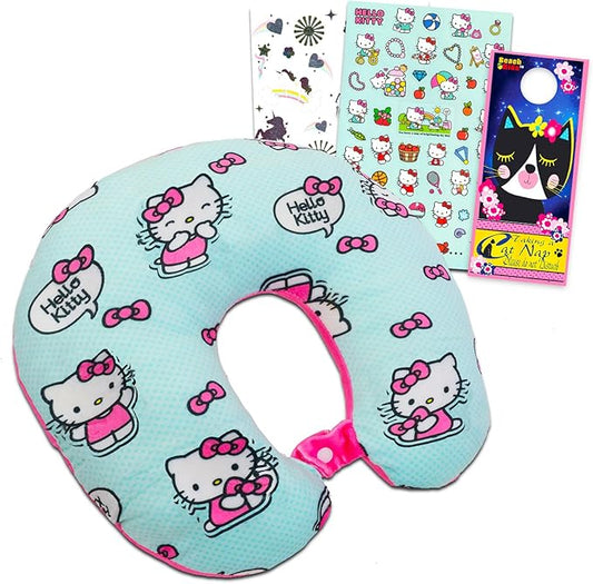 Hello Kitty Travel Neck Pillow - Bundle with Hello Kitty Neck Pillow for Airplane, Car, Office, More Plus Stickers, Tattoo...