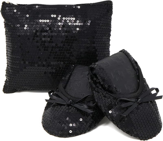 Silky Toes Women's Foldable Sequin Shoes Dressy Ballet Flats Roll Up Slipper Shoe with Matching Carrying Pouch