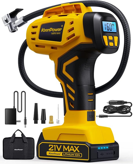 KeenPower Tire Inflator Portable Air Compressor - 2X Faster - 21V Rechargeable Battery Powered Handheld 160PSI Tire Inflat...