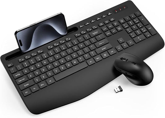 Wireless Keyboard and Mouse Combo - Full-Sized Ergonomic Keyboard with Wrist Rest, Phone Holder, Sleep Mode, Silent 2.4GHz...