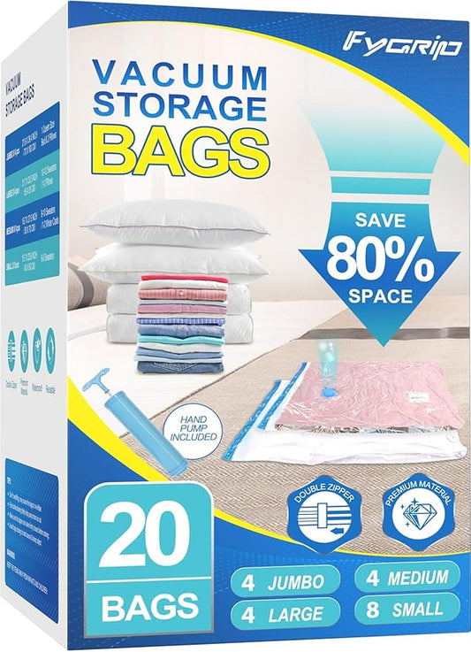 Fygrip 20 Combo Vacuum Storage Bags with Hand Pump, 4 Jumbo + 4 Large + 4 Medium + 8 Small Plastic Packaging Bags, 80% Spa...