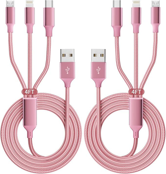 IDISON Multi Charging Cable(2Pack 4FT), 3 in 1 Charging Cable Nylon Braided Travel Charger Universal USB Cable with Type ...