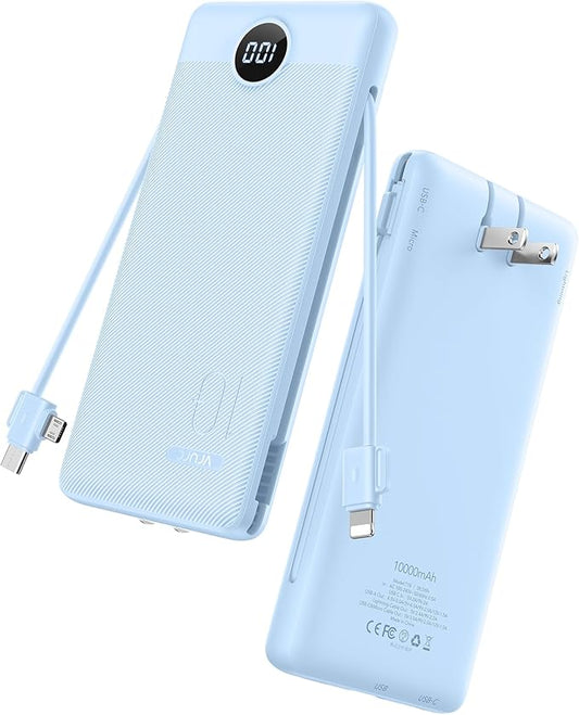 VRURC Portable Charger with Wall Plug and Cables, 10000mAh Power Bank with 22.5W Fast Charging USB Port,4 Outputs Dual Inp...