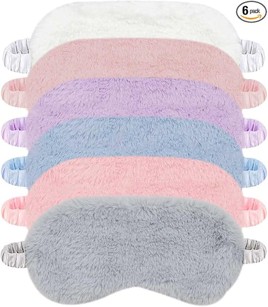 6 Pieces Plush Eye Mask Soft Fluffy Furry Sleeping Blindfold Comfortable Satin Back New Faux Fur Nap Eye Cover Light Sleep...