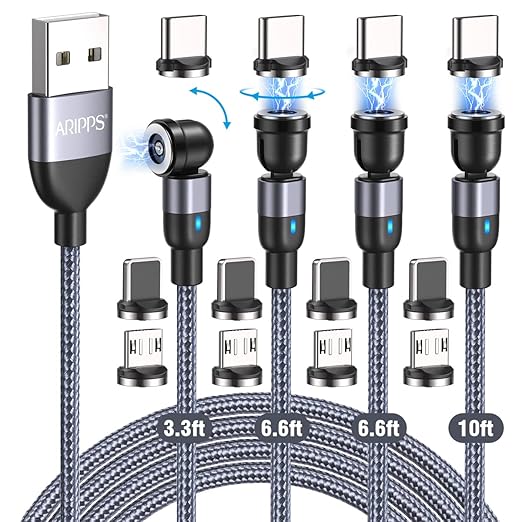 Aripps Magnetic Charging Cable 4 Pack (3.3ft/6.6ft/6.6ft/10ft), 540 Degree Rotating Magnet Phone Charger Cable, 3 in 1 Nyl...