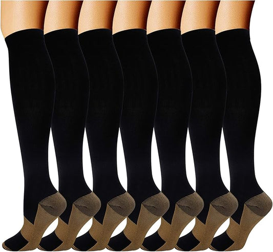 Double Couple 7 Pairs Copper Compression Socks for Men Women 20-30 mmHg Knee High Stockings