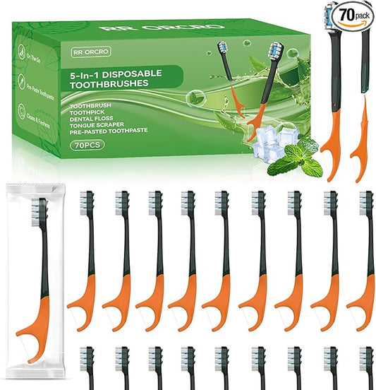 RR ORCRO 70Pack Disposable Toothbrushes with Pre-Pasted Toothpaste 5-in-1 Mini Travel Toothbrush Deep Clean with Toothpic...