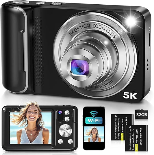 5K Digital Camera for Photography, WiFi 64MP Autofocus Dual Lens Vlogging Camera with Touch Screen, 6X Optical Zoom Compac...