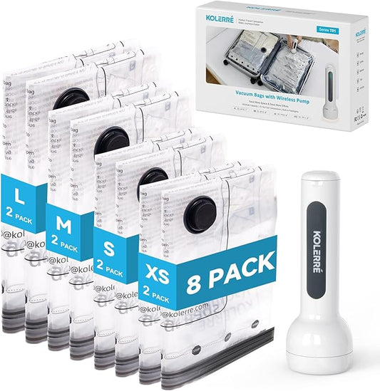 KOLERRE 8 Pack Travel Vacuum Bags with Upgraded Rechargeable Pump, 4 Sizes Space Saver Vacuum Storage Bags for Luggage and...