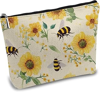 Bees Flowers Makeup Bags Canvas Cosmetic Bag Multi Purpose Yellow Pen Case Zipper Pouches Toiletry Travel Bag Purse Portab...