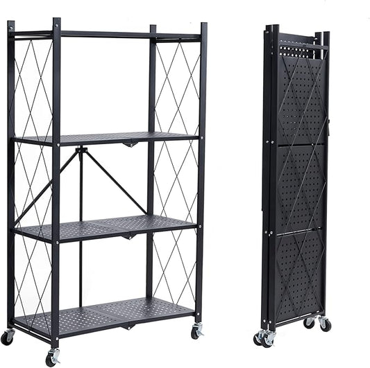 BRIAN & DANY 4-Shelf Foldable Storage Shelves with Wheels, Folding Metal Rack Shelving Unit, Heavy Duty No Assembly Organi...