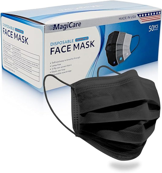 MAGICARE USA Made Black Face Masks, Disposable - Adult 3 Ply Premium Black Mask - Disposable Face Mask for Women/Men (50/Box)