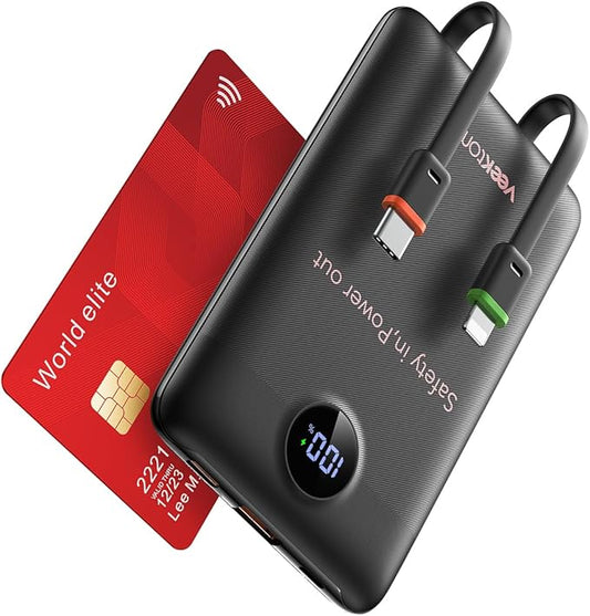 VEEKTOMX Portable Charger Built-in Cables, Slim Power Bank for iPhone, Fast Charge USB C Battery Pack Travel Essentials Ph...