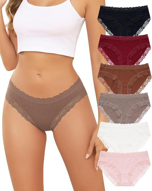 LEVAO Cotton Underwear for Women Lace Cheeky Bikini Panties Full Coverage Soft Stretch Hipster Ladies Briefs 6 Pack S-XL