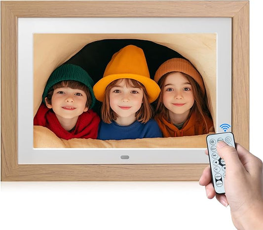 10.1" Digital Picture Frame with Remote Control, 1280 * 800 IPS Full View Ultra Clear Screen, Removable Wooden Frame, Shar...