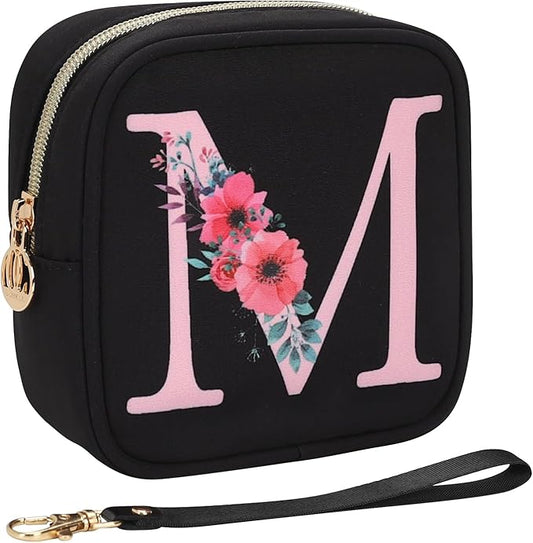 Small Initial Makeup Bag for Purse, Small Makeup Pouch with Letter Floral, Portable Travel Cosmetic Bag with Built - in Ca...