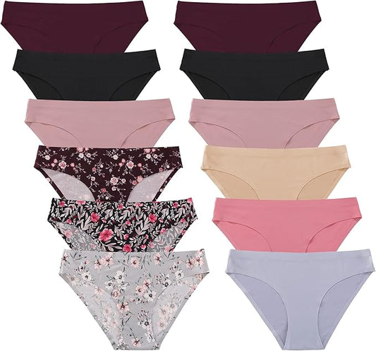FINETOO 12Pack Womens Seamless Underwear No Show Cheeky Panties Invisibles Briefs Soft Stretch Bikini Hipster XS-XL