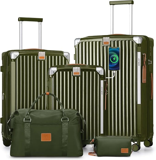 Joyway 5 Piece Luggage Set with Cup Holder, Expandable 25% Capacity, Includes Handbag, Anti Slip Wheels, Hook, Smart Carry...