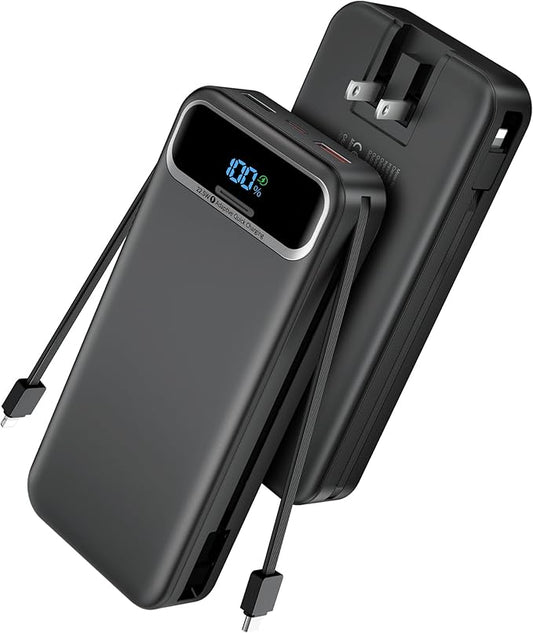 Portable Charger, 20000mAh 22.5W Fast Charging Power Bank with Built-in Cables & Wall Plug, Travel Essential External Batt...