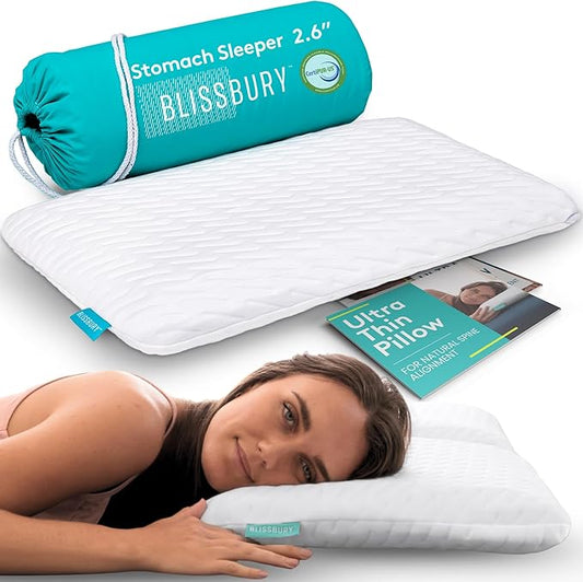 BLISSBURY Stomach Sleeping Pillow – Ultra Thin 2.6" Memory Foam for Neck and Cervical Support | Flat Pillow for Belly Slee...