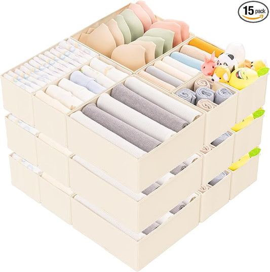 Criusia 15 Pack Drawer Organizer for Clothes, Foldable Dresser Dividers with 3 Sizes, Fabric Storage Bins – Beige