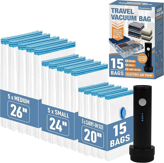 15 Pack Travel Vacuum Storage Bags with Rechargeable Wireless Electric Pump, Travel Packing Bags for Luggage and Suitcase,...