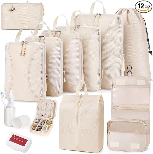 Compression Packing Cubes 12 Set, Suitcase Organizers, Extendable Packing Cubes, Luggage Organizer Bags, Travel Essential...