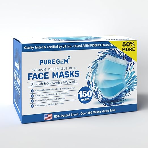 PURE GEM [Pack of 150] Single Use Disposable Blue Face Mask, Soft on Skin, 3-ply Masks Facial Cover with Elastic Earloops ...