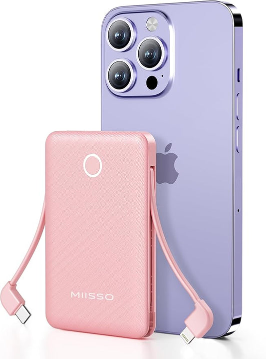 miisso 6000mah Ultra Slim Built in Cables Power Bank, Card Size Built in USB C Cords Battery Pack Portable Charger for Pho...