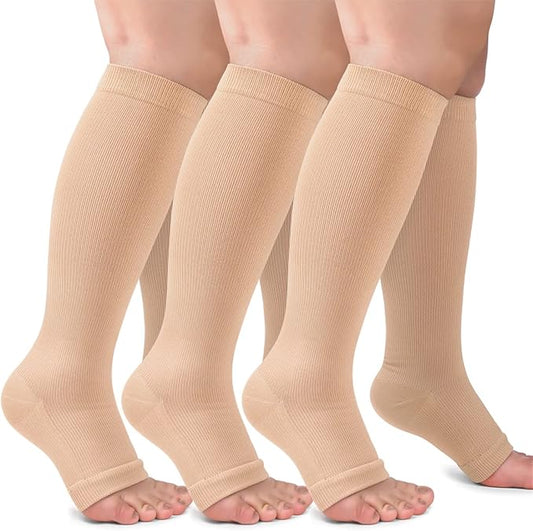 3 Pack Copper Compression Socks for Women & Men, 20-30mmHg Open Toe Knee High Stockings for Circulation Support