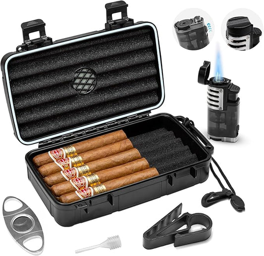 Flauno Travel Cigar Humidor Case - Portable Humidor Kit with Lighter (Without Gas), Cutter, Holder, Humidifier & Dropper, ...
