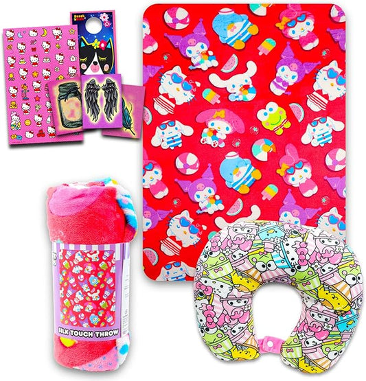 SANRIO Hello Kitty Neck Pillow and Blanket Set - Bundle Hello Kitty Boba Travel Neck Pillow, Hello Kitty Fleece Blanket, S...