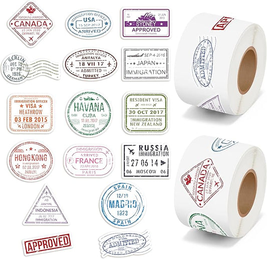 H1vojoxo Passport Stamps Sticker Rolls - 1000PCS Decorative Mini Vintage Travel Country Stickers for Luggage 16 Countries ...