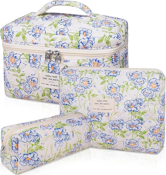 3PC Makeup Bag Set, Quilted Makeup Bag, Large Floral Cosmetic Bag for Women, Cute Cotton Makeup Bags, Flower Travel Toilet...