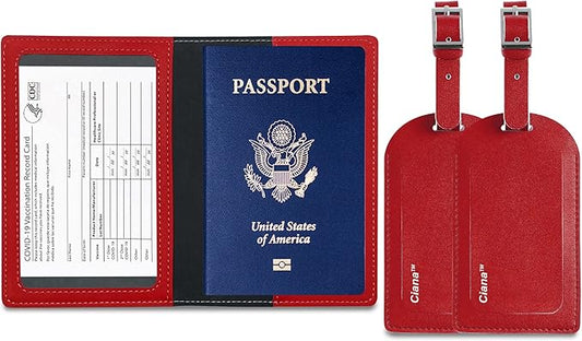 Passport Holders and Luggage Tags Set Passport Holder with Vaccine Card Slot and Luggage Tags (Red)