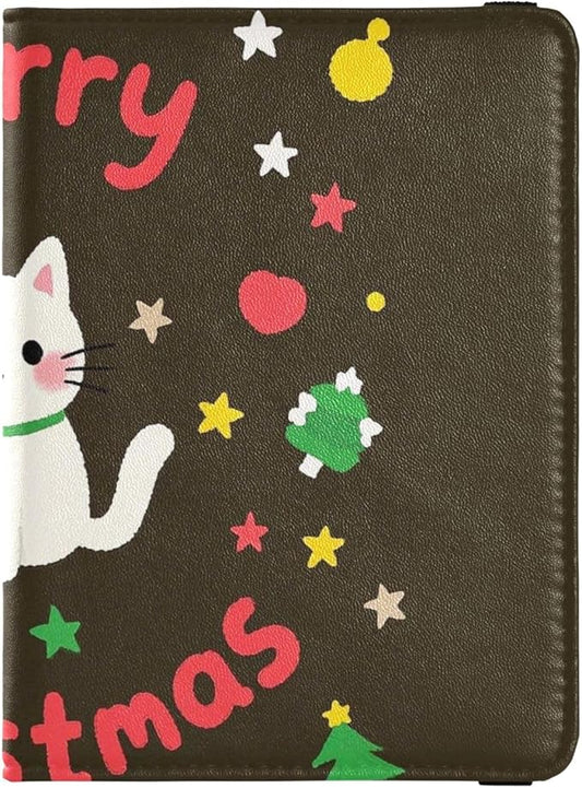 Merry Christmas Cartoon White Cat Leather Passport and Vaccine Card Holder Combo Travel Passport Wallet With Vaccination C...